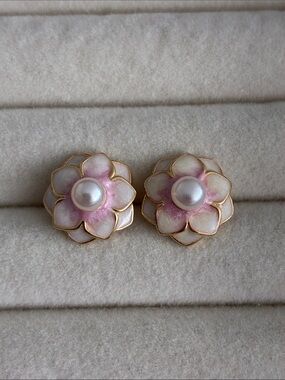 Pink Enamel Flower Stud Earrings with Faux Pearl Center - Women Jewelry
